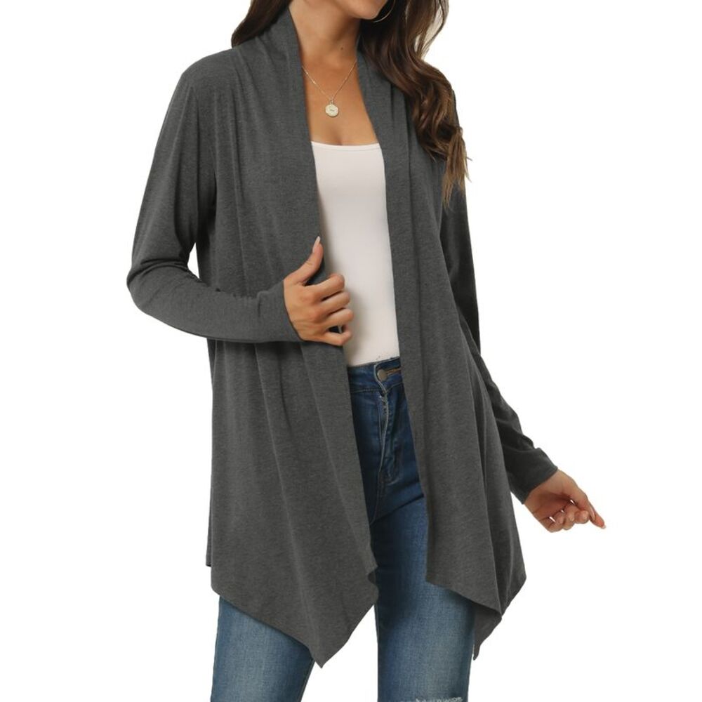 Draped Front Open Cardigan Knit Duster Cardigan Dark Grey